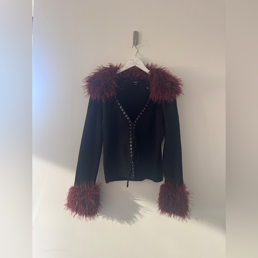NASTY GAL Shearling Trim Lace Up Cardigan L - Picture 3 of 5